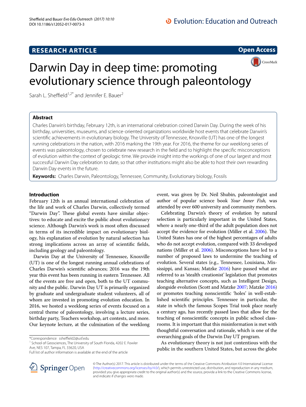 Darwin Day in Deep Time: Promoting Evolutionary Science Through Paleontology Sarah L