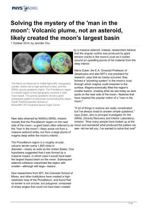 Volcanic Plume, Not an Asteroid, Likely Created the Moon's Largest Basin 1 October 2014, by Jennifer Chu