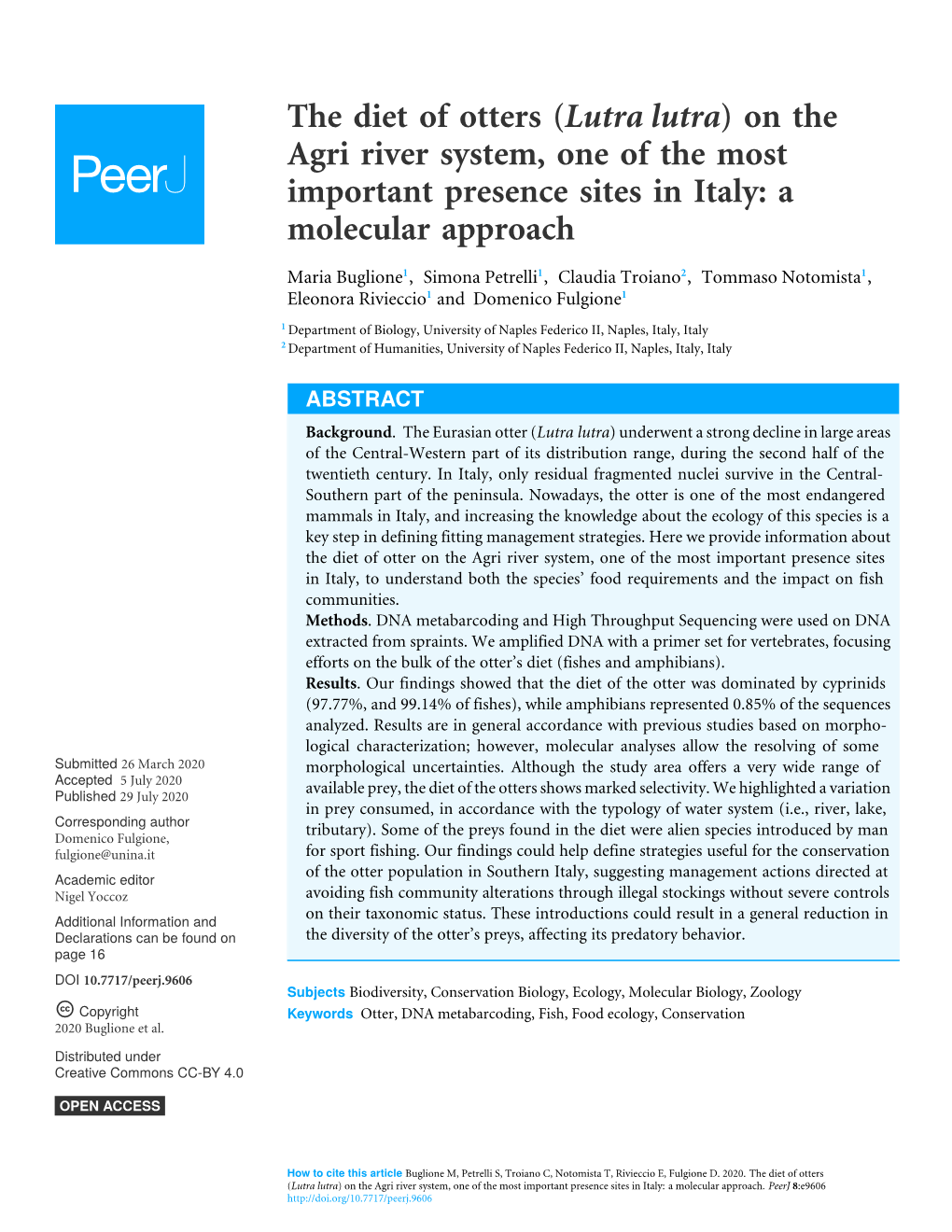 The Diet of Otters (Lutra Lutra) on the Agri River System, One of the Most Important Presence Sites in Italy: a Molecular Approach