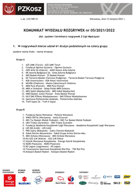 Komunikat WR Nr 05/2021/2022 System Rozgrywek I