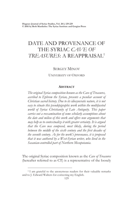 Date and Provenance of the Syriac Cave of Treasures: a Reappraisal1