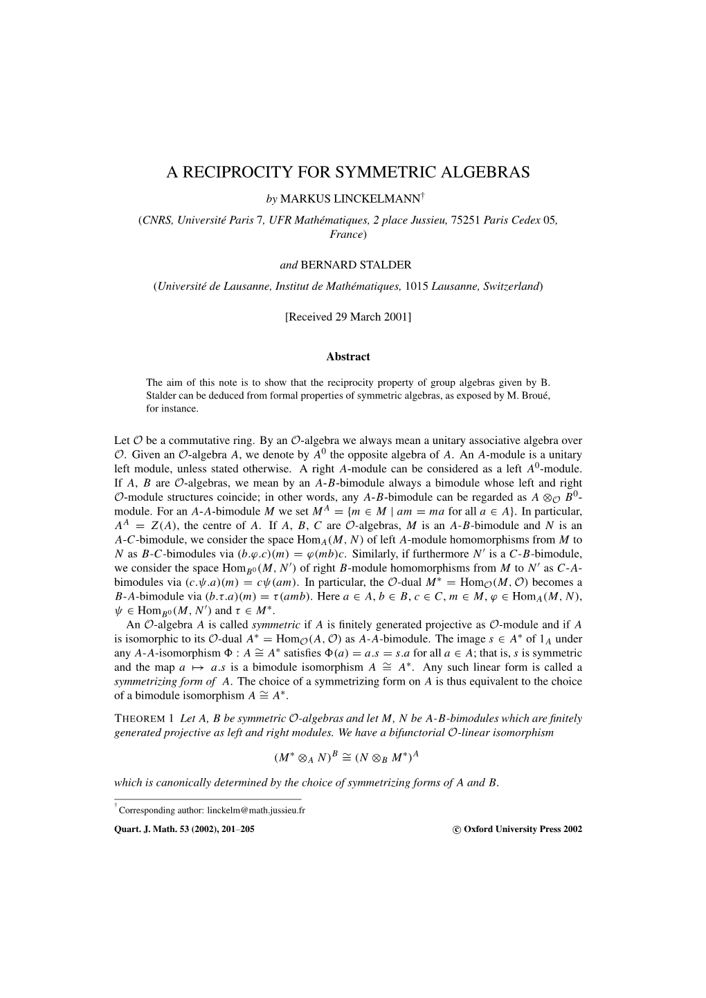 A Reciprocity for Symmetric Algebras
