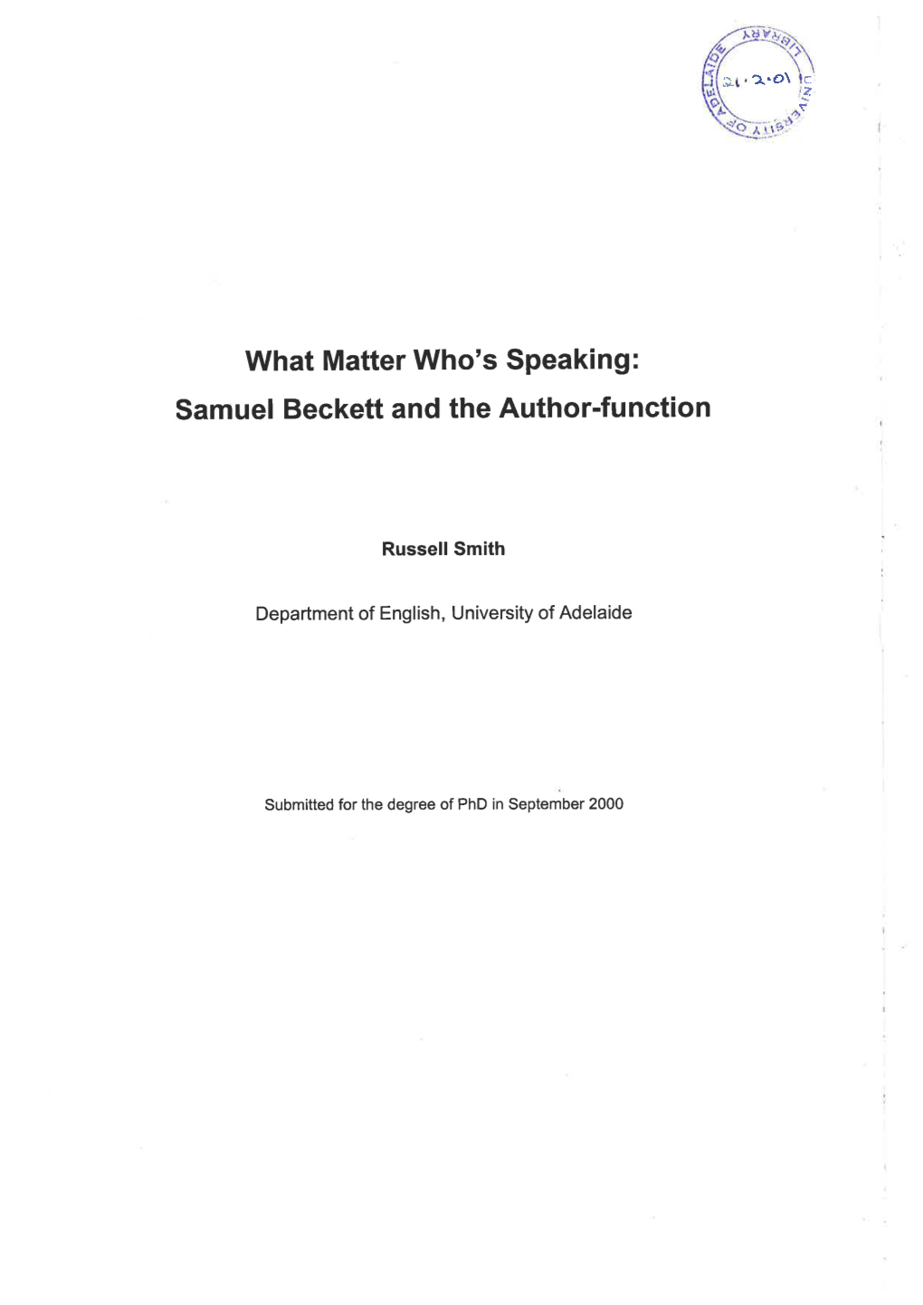 What Matter Who's Speaking : Samuel Beckett and the Author-Function