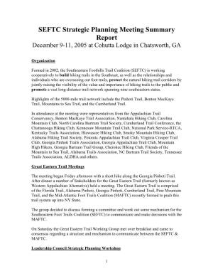 SEFTC Strategic Planning Meeting Summary Report December 9-11, 2005 at Cohutta Lodge in Chatsworth, GA