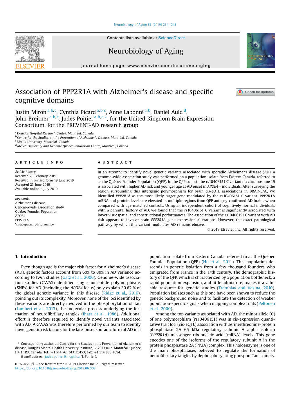 Association of PPP2R1A with Alzheimer's Disease and Specific