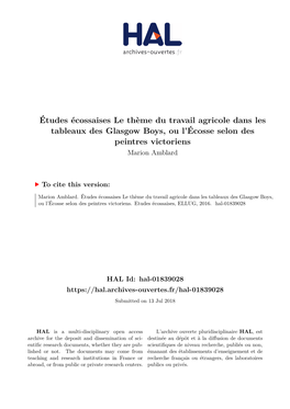 Études Écossaises Le Thème Du Travail Agricole Dans Les Tableaux Des Glasgow Boys, Ou L’Écosse Selon Des Peintres Victoriens Marion Amblard