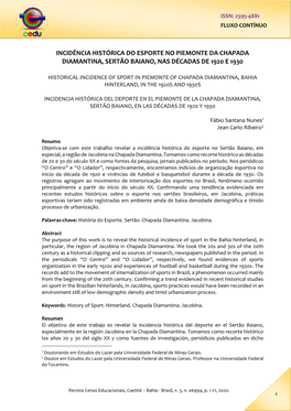 Incidência Histórica Do Esporte No Piemonte Da Chapada Diamantina, Sertão Baiano, Nas Décadas De 1920 E 1930