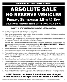 ABSOLUTE SALE NO RESERVE VEHICLES Friday, September 15Th @ 3Pm Online Only Firearms Begins Closing 9/17/17 @ 5Pm