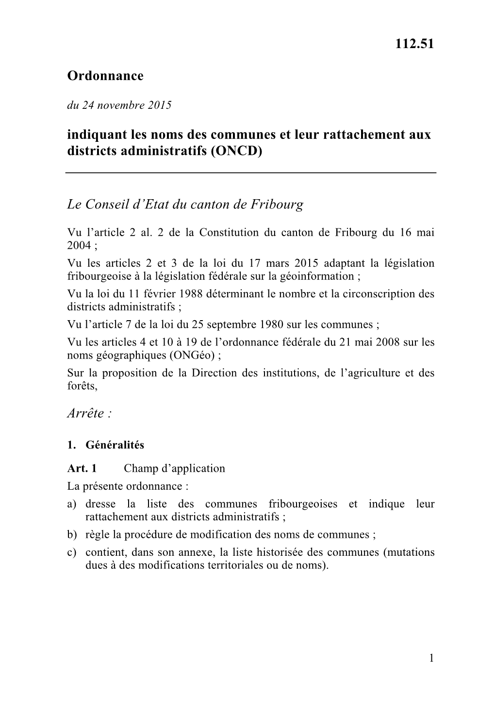 112.51 Ordonnance Indiquant Les Noms Des Communes Et Leur Rattachement Aux Districts Administratifs