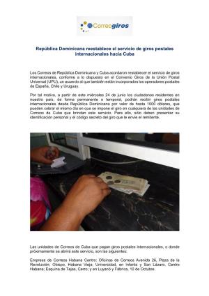 República Dominicana Reestablece El Servicio De Giros Postales Internacionales Hacia Cuba