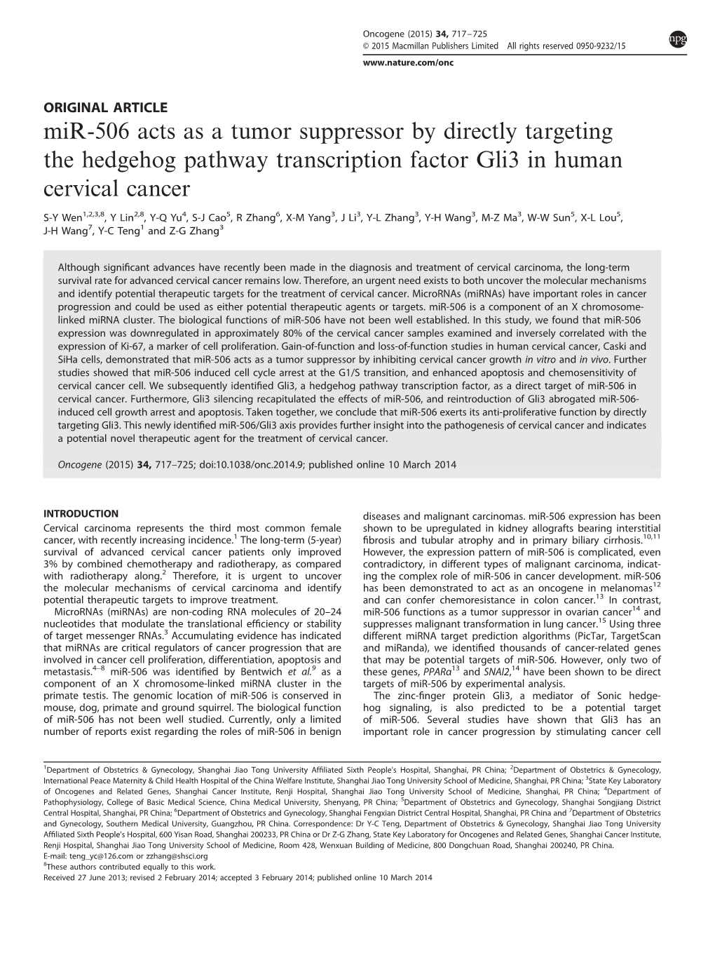 Mir-506 Acts As a Tumor Suppressor by Directly Targeting the Hedgehog Pathway Transcription Factor Gli3 in Human Cervical Cancer