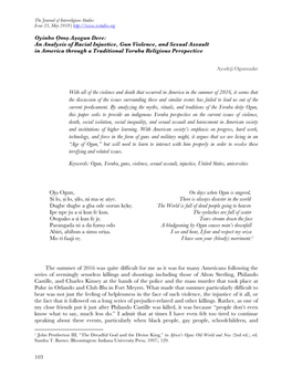103 Oyinbo Ọmọ Aṣogun Dere: an Analysis of Racial Injustice, Gun Violence, and Sexual Assault in America Through a Tradi
