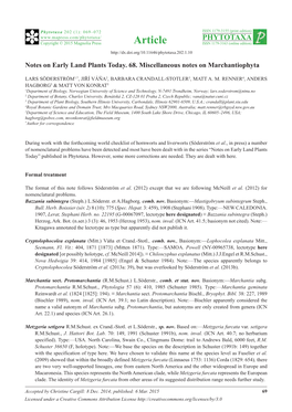 Notes on Early Land Plants Today. 68. Miscellaneous Notes on Marchantiophyta