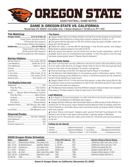 GAME 3: OREGON STATE VS. CALIFORNIA November 21, 2020 • Corvallis, Ore