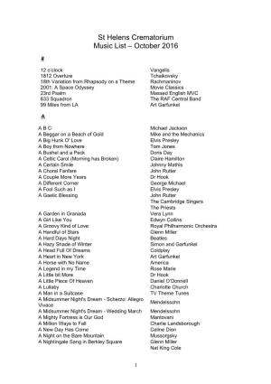 St Helens Crematorium Music List – October 2016