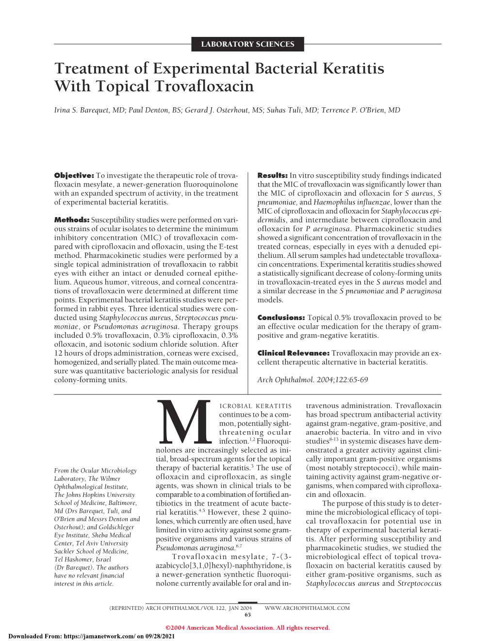 Treatment of Experimental Bacterial Keratitis with Topical Trovafloxacin