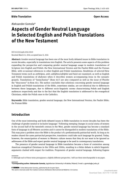 Aspects of Gender Neutral Language in Selected English and Polish Translations of the New Testament