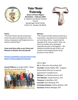 Pater Noster Fraternity Queen of Peace Region Newsletter – February 2020 St