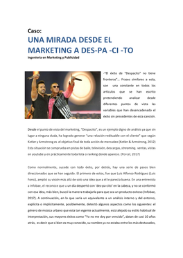 UNA MIRADA DESDE EL MARKETING a DES-PA -CI -TO Ingeniería En Marketing Y Publicidad