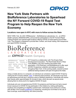 New York State Partners with Bioreference Laboratories to Spearhead the NY Forward COVID-19 Rapid Test Program to Help Reopen the New York Economy