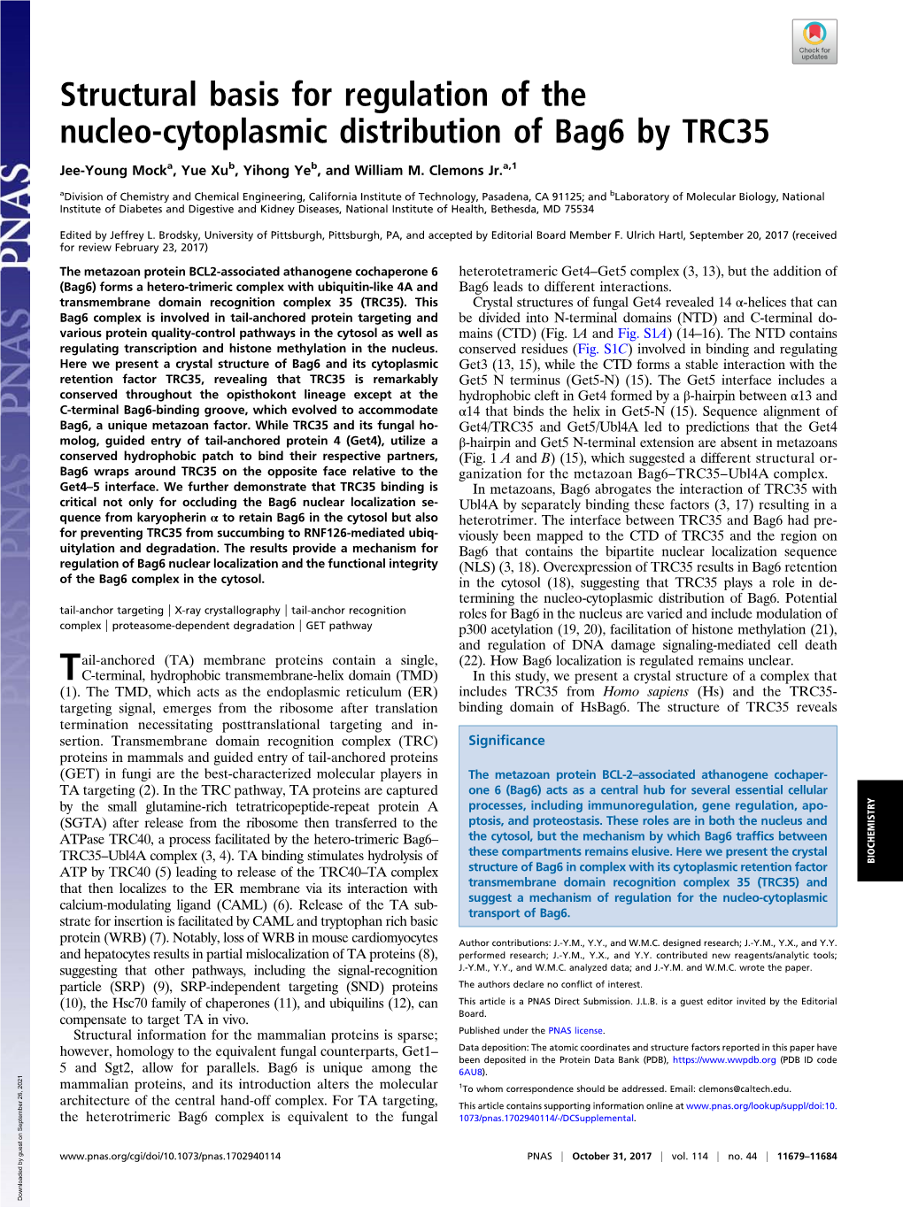 Structural Basis for Regulation of the Nucleo-Cytoplasmic Distribution of Bag6 by TRC35