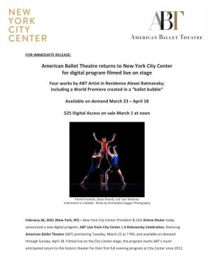 American Ballet Theatre Returns to New York City Center for Digital Program Filmed Live on Stage