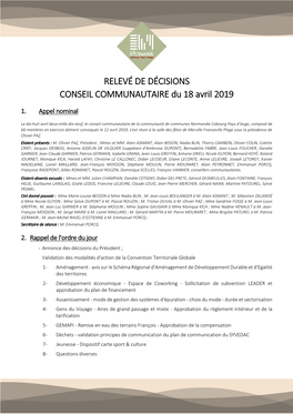 RELEVÉ DE DÉCISIONS CONSEIL COMMUNAUTAIRE Du 18 Avril 2019