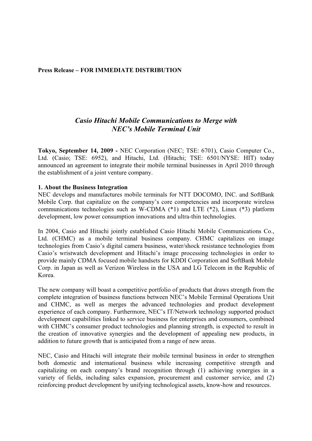 Casio Hitachi Mobile Communications to Merge with NEC's Mobile