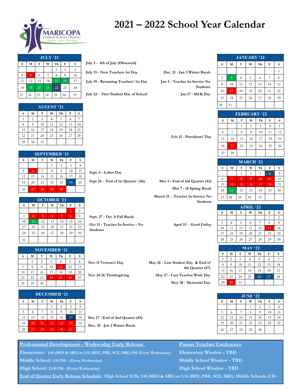 2021 – 2022 School Year Calendar - DocsLib