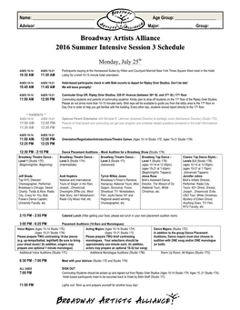 Broadway Artists Alliance 2016 Summer Intensive Session 3 Schedule