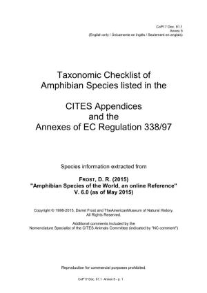 Taxonomic Checklist of Amphibian Species Listed in the CITES