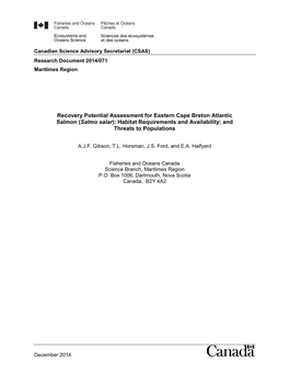 Recovery Potential Assessment for Eastern Cape Breton Atlantic Salmon (Salmo Salar): Habitat Requirements and Availability; and Threats to Populations