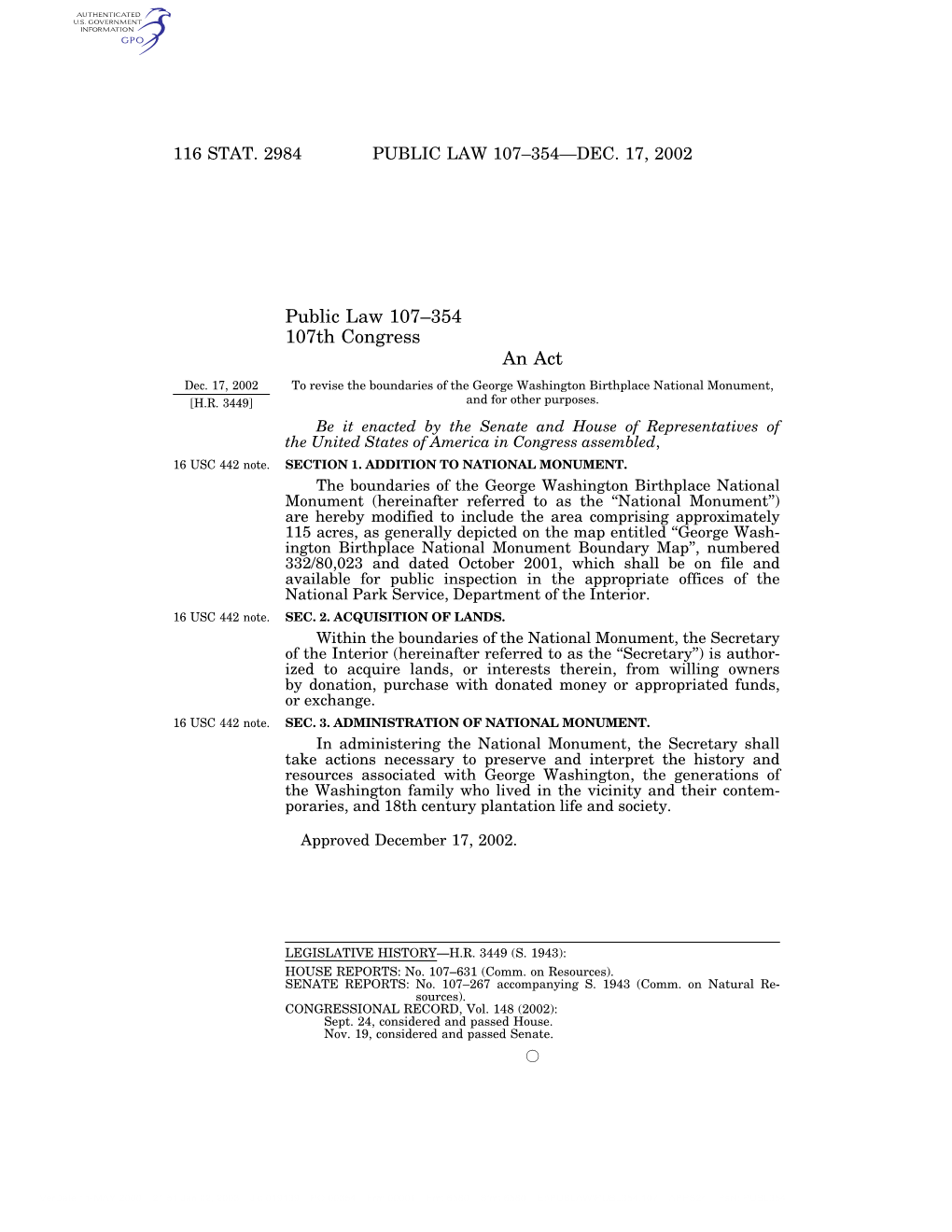 Public Law 107–354 107Th Congress an Act Dec
