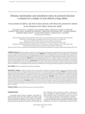 Defence Mechanisms and Attachment Styles in Paranoid Ideation Evaluated in a Sample of Non-Clinical Young Adults