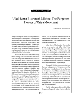 Utkal Ratna Biswanath Mishra : the Forgotten Pioneer of Oriya Movement