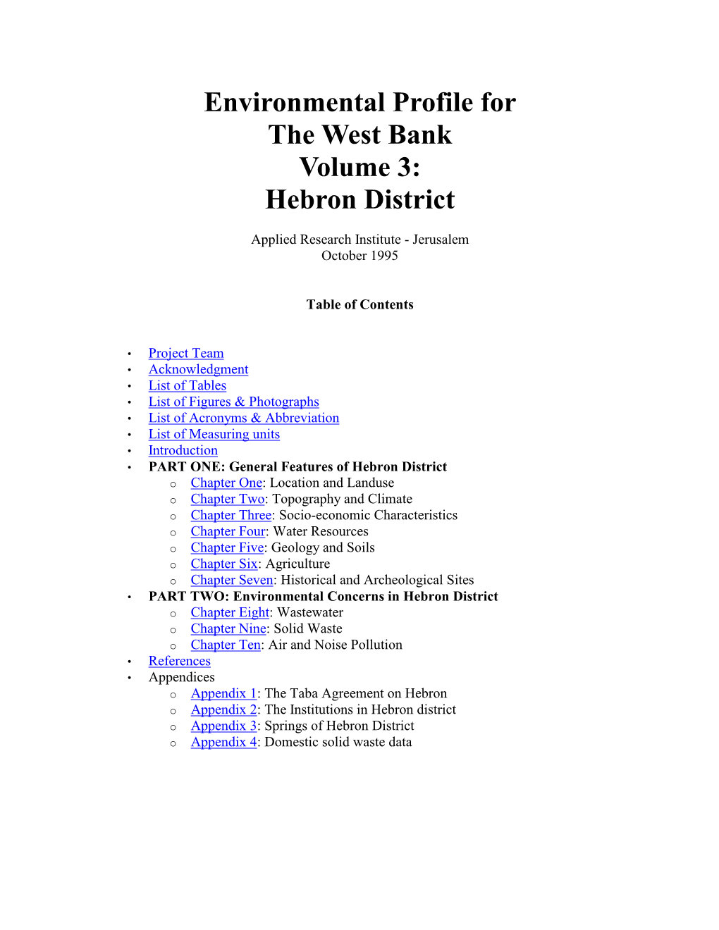 Environmental Profile for the West Bank Volume 3: Hebron District