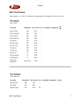 2001 Final Rosters PV Indians the Outlaws