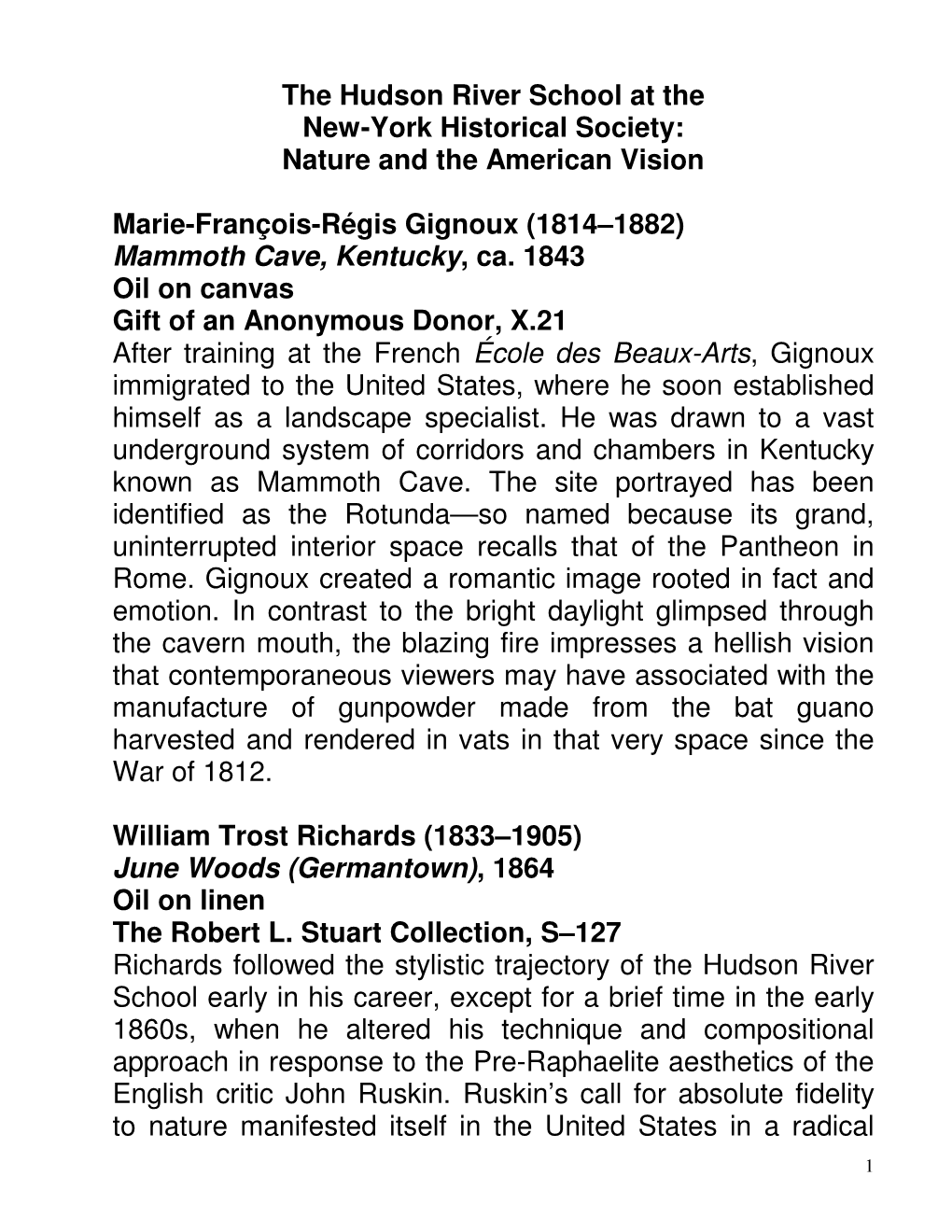 The Hudson River School at the New-York Historical Society: Nature and the American Vision