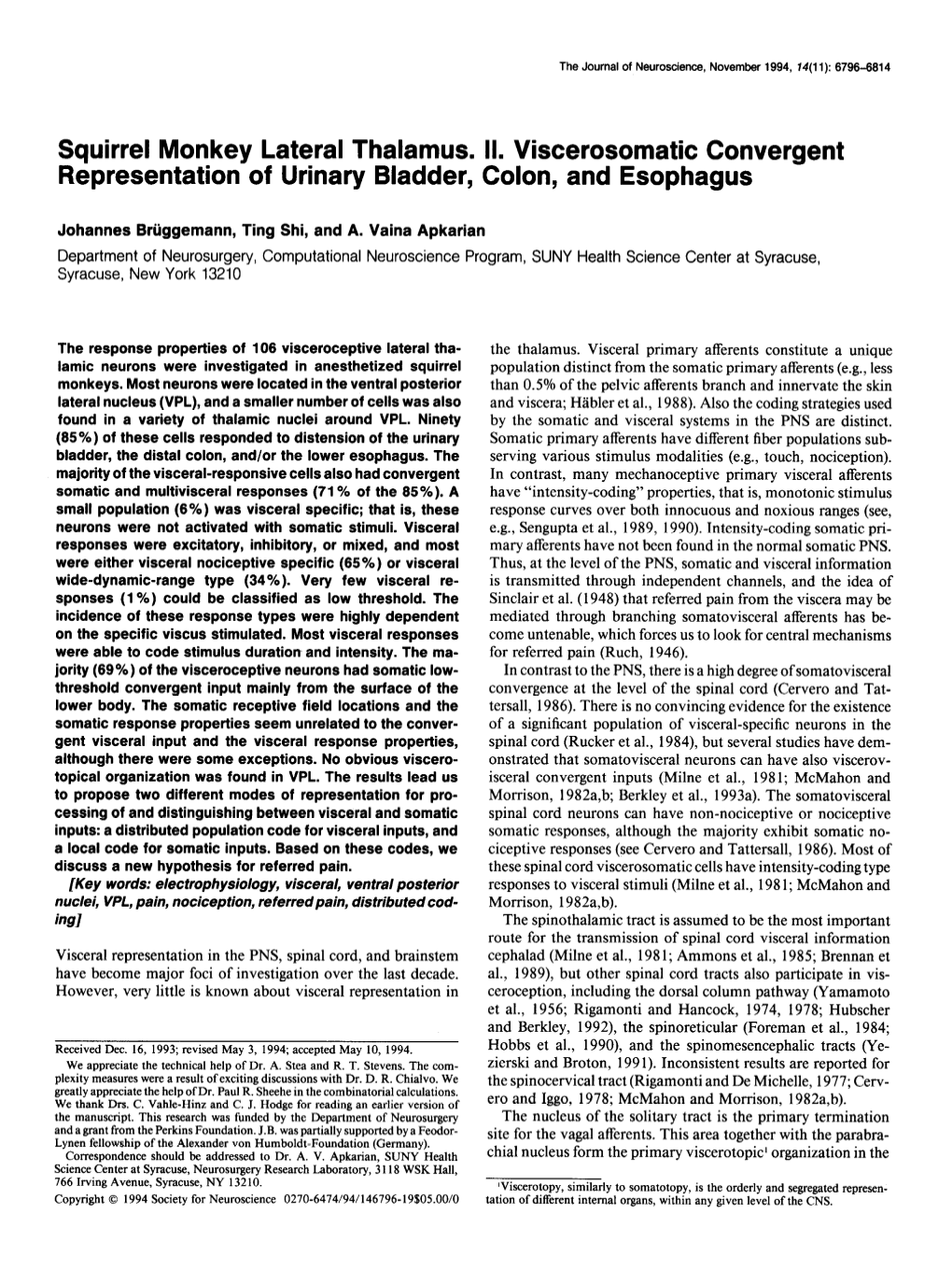 Squirrel Monkey Lateral Thalamus. II. Viscerosomatic Convergent Representation of Urinary Bladder, Colon, and Esophagus