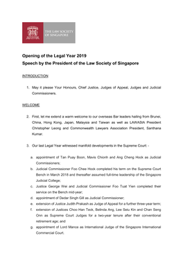 Opening of the Legal Year 2019 Speech by the President of the Law Society of Singapore