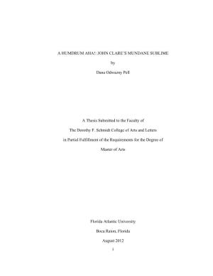 I a HUMDRUM AHA!: JOHN CLARE's MUNDANE SUBLIME by Dana Odwazny Pell a Thesis Submitted to the Faculty of the Dorothy F. Schm