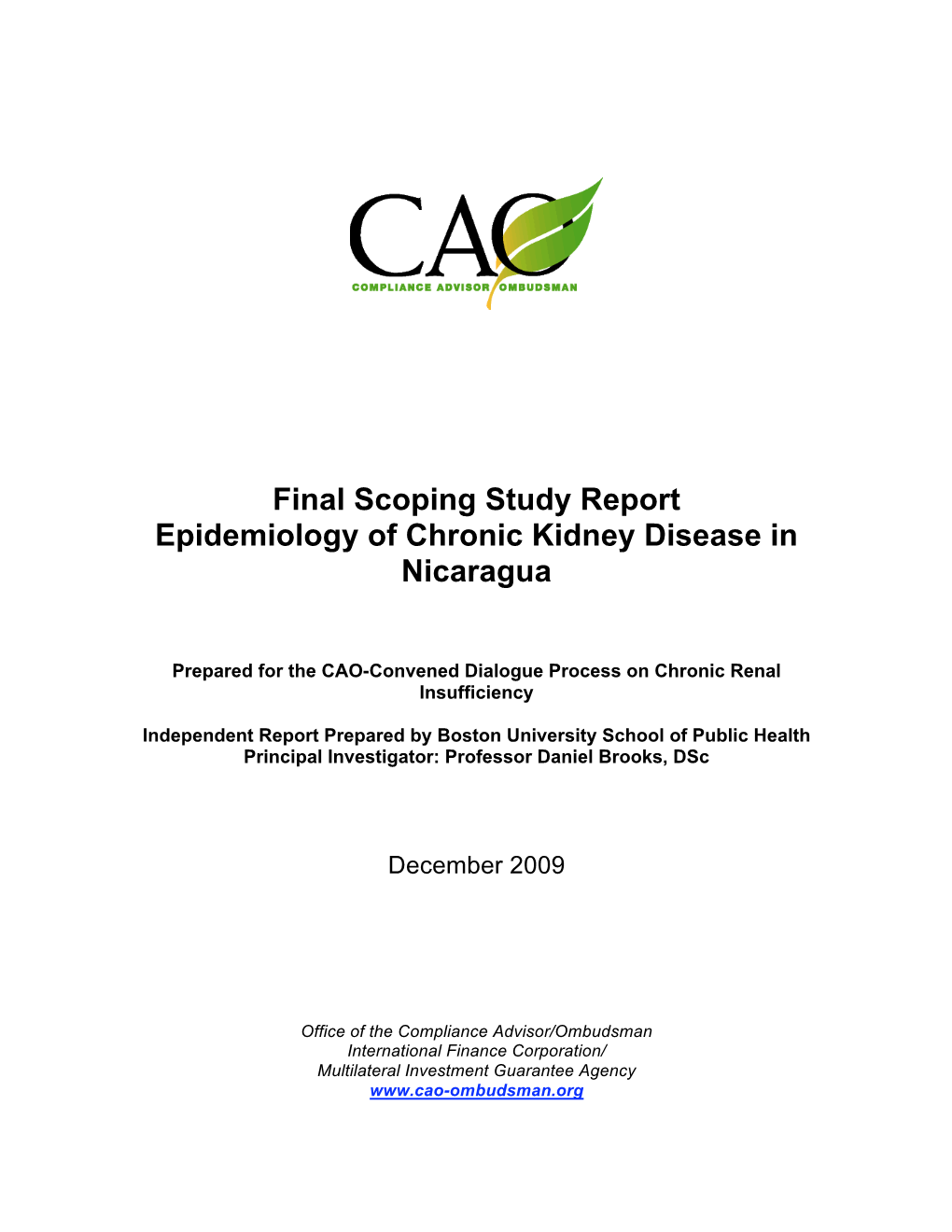 Final Scoping Study Report Epidemiology of Chronic Kidney Disease in Nicaragua