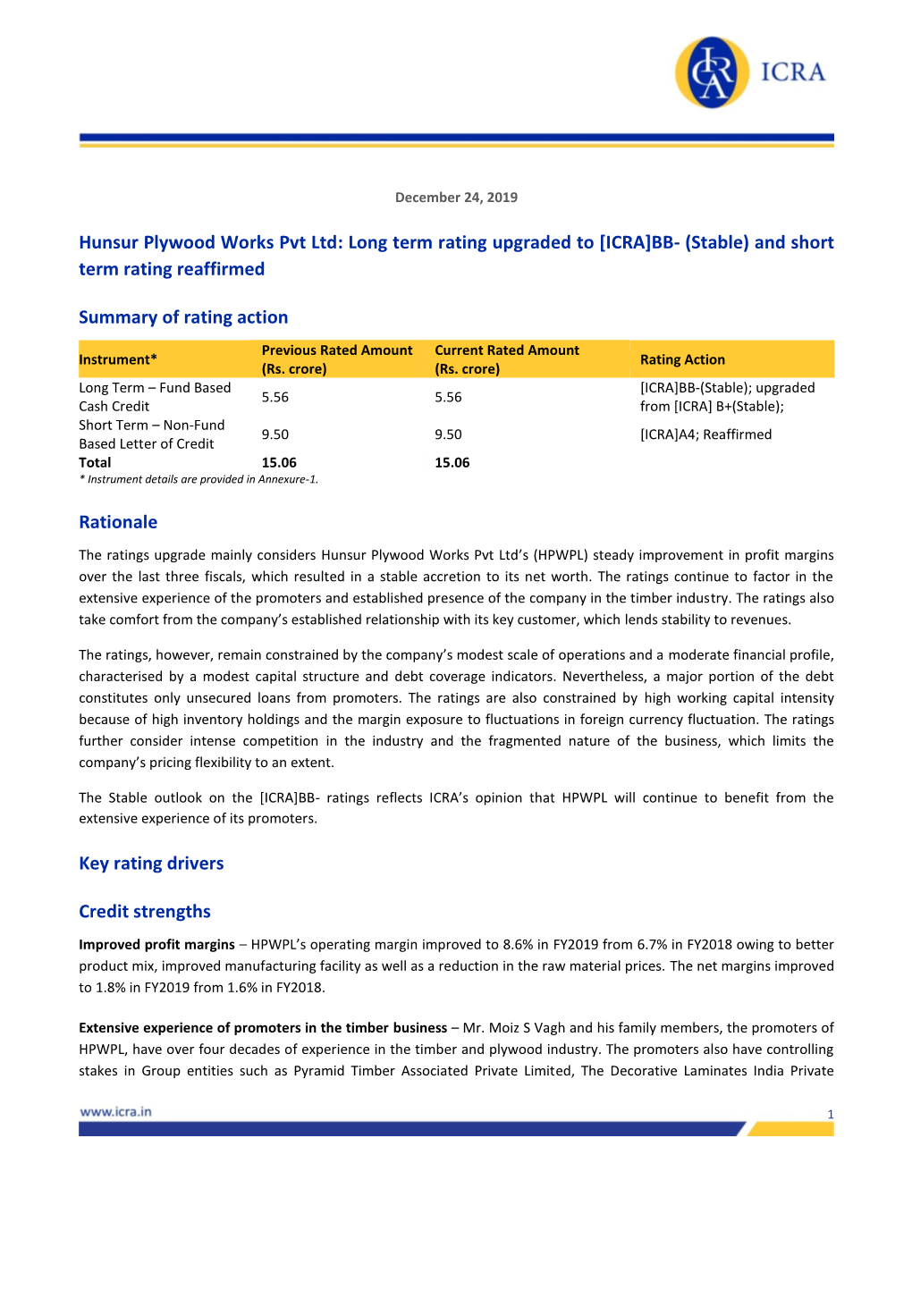Hunsur Plywood Works Pvt Ltd: Long Term Rating Upgraded to [ICRA]BB- (Stable) and Short Term Rating Reaffirmed