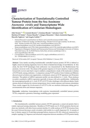 Characterization of Translationally Controlled Tumour Protein from the Sea Anemone Anemonia Viridis and Transcriptome Wide Identiﬁcation of Cnidarian Homologues