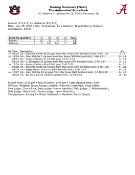 Final) the Automated Scorebook #22 Auburn Vs #1 Alabama (Nov 28, 2020 at Tuscaloosa, AL
