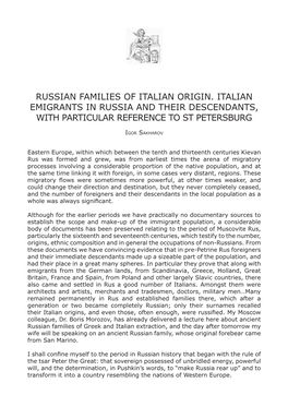 Russian Families of Italian Origin. Italian Emigrants in Russia and Their Descendants, with Particular Reference to St Petersburg