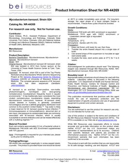 Mycobacterium Kansasii, Strain 824 Catalog No. NR-44269 For