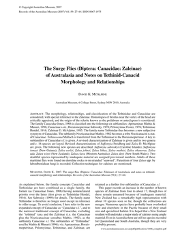 Diptera: Canacidae: Zaleinae) of Australasia and Notes on Tethinid-Canacid Morphology and Relationships