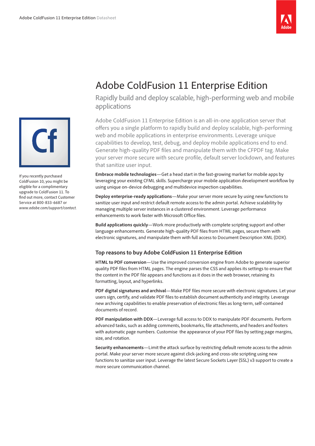 Adobe Coldfusion 11 Enterprise Edition Datasheet