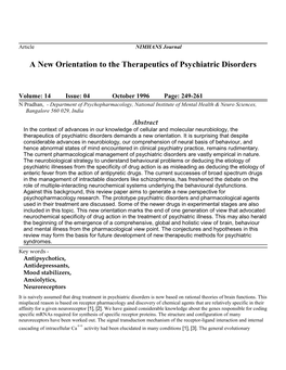A New Orientation to the Therapeutics of Psychiatric Disorders